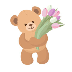 Wall Mural - teddy bear bring flowers. cute lovely toy wishes joy. vector