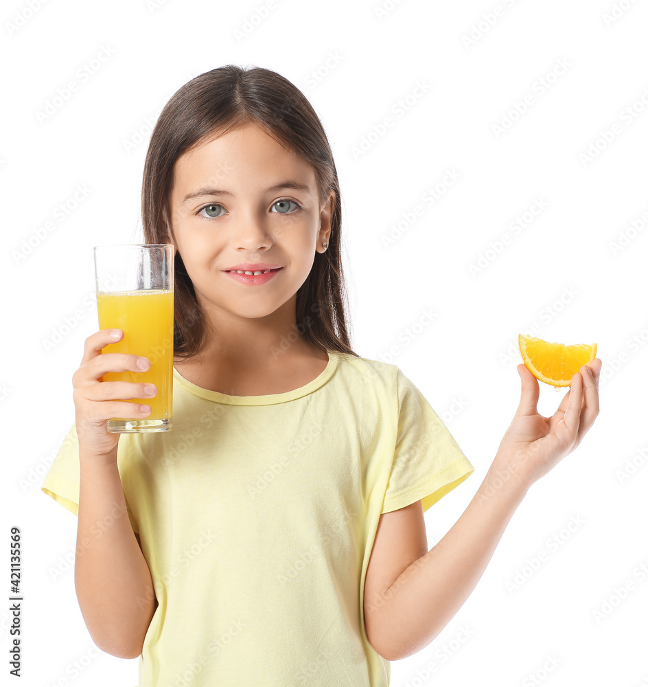 Cute little girl with orange juice on white background