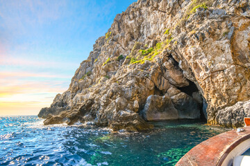 View from a boat near the Blue Eye cave on the coast of the Greek island of Corfu, Greece.