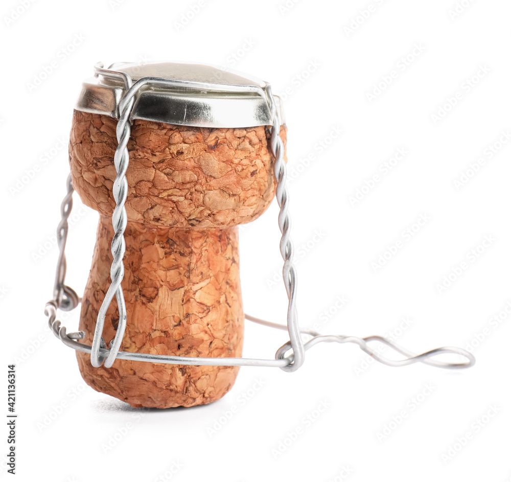 Champagne cork on white background