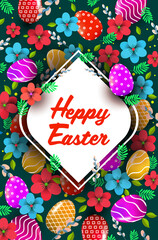 Wall Mural - happy easter holiday celebration banner flyer or greeting card with decorative eggs and flowers vertical