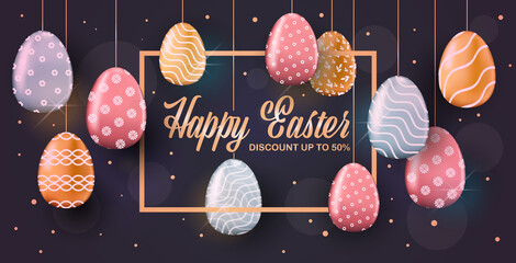 Wall Mural - happy easter holiday celebration sale banner flyer or greeting card with decorative eggs horizontal