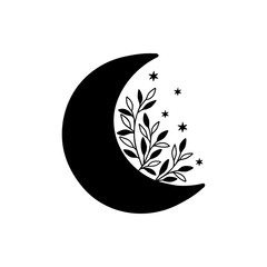 Wall Mural - Vector illustration with crescent moon and branch. Contemporary art. Celestial t shirt print, boho poster, cards, floral moon tattoo, modern logo. Scandinavian style