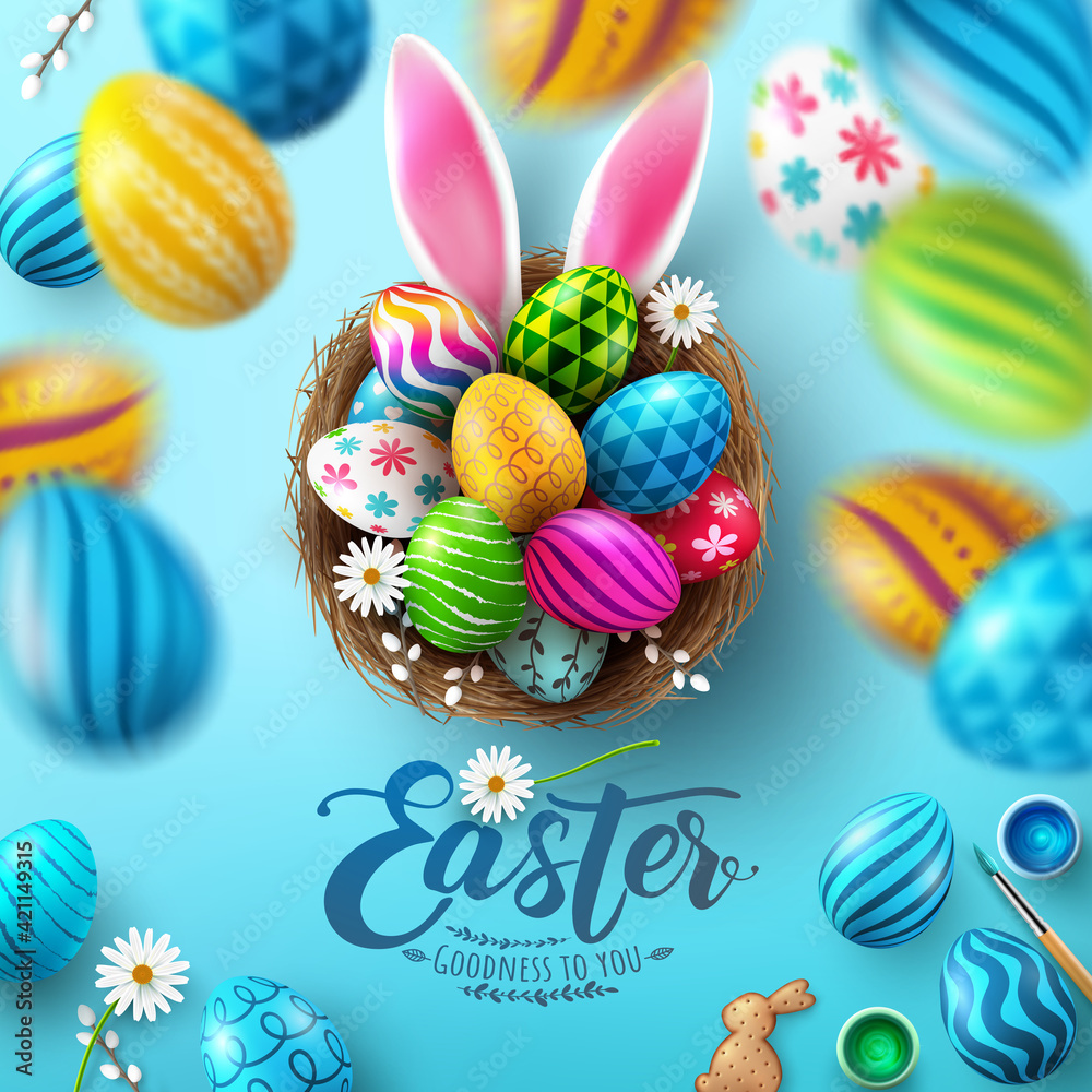 Easter Poster And Flyer Template with Easter eggs in the nest and Rabbit ears on bule background.Greetings and presents for Easter Day in flat lay styling.Promotion and shopping template for Easter - obrazy, fototapety, plakaty 