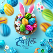 Easter Poster And Flyer Template With Easter Eggs In The Nest And Rabbit Ears On Bule Background.Greetings And Presents For Easter Day In Flat Lay Styling.Promotion And Shopping Template For Easter