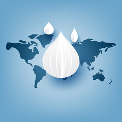 Poster - World water day.Water drop on world map.Paper art of save water for ecology and environment conservation concept design.