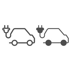 Poster - Plug in shape of electric vehicle line and solid icon, Electric car concept, EV transport logo sign on white background, Electric Car and Power Plug icon in outline style. Vector graphics.