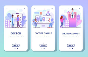 Poster - set doctors checking consulting and giving medications pills to mix race patients healthcare medicin