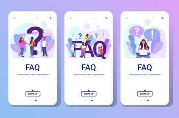 Poster - set mix race people with question exclamation marks using digital devices online support center freq