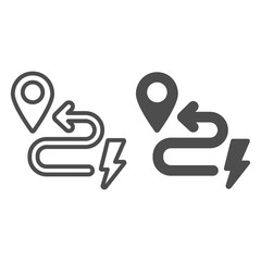 Poster - Route to EV charging station line and solid icon, electric car concept, Charge geo tag on map sign on white background, Route and location pin with lightning icon in outline style. Vector graphics.
