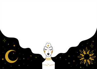 Wall Mural - Sun, crescent and portrait of a girl against the background of the starry sky, mystical banner for astrology and tarot. Vintage boho poster with copy space. Vector illustration.