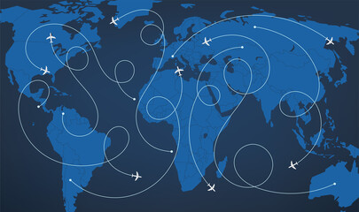 Poster - World map with aircraft courses vector illustration