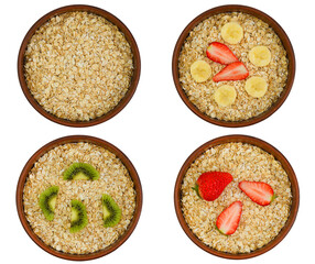 set of oatmeal with fruit strawberry banana kiwi isolated on a white background, healthy breakfast, diet and vegetarianism