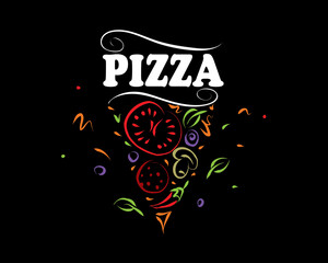 Wall Mural - Hand drawn vector pizza logo on black background