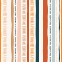 Hand-drawn Whimsical Textured Organic Vertical Lines And Stripes Vector Seamless Pattern. Doodle Folk Abstract Geometric Print In Bright Colors. Marks, Scribbles. Perfect For Home Decor