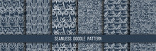 Set Of Seamless Doodle Owl Patterns. Cute Print Collection For Kids, Scrap And Other