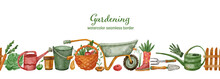 Watercolor Seamless Border With Gardening Tools And Vegetables On White Background. Hand Painted Illustration Of A Wheelbarrow, Bucket, Watering Cans, Wicker Basket, Flowers, Shovel, Trowel, Rake.