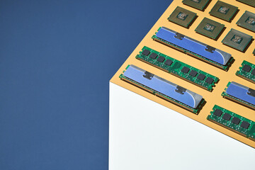 Isometry trendy cube concept. Computer memory module. Yellow and blue. Retail technology shop. Chip market. Metal pc component. Laptop inside electronic. Copyspace
