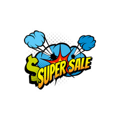 Wall Mural - Comic price off label half tone super sale tag isolated comic retro style icon. Vector sale label sticker tag, Boom bang cloud, discount and dollar sign. Total clearance sale, promo price in shop