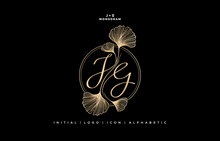 JG Initial Letter Script And Graphic Name With Ginkgo Leaf, JG Or GJ Monogram, For Wedding Couple Logo Monogram, Logo Company And Icon Business, With Golden Colors Designs Isolated Black Backgrounds