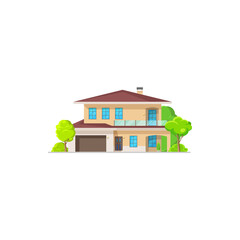 Sticker - Home or house villa building, bungalow condominium icon, vector real estate. Residential property and home architecture, mansion or cottage condo, family house duplex apartments with garage