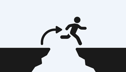 Courageous man jump over a gap from cliff. Determination, confidence and courage to take risk for reach the success. Vector illustration.