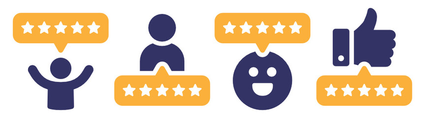 Poster - 5 stars positive review of customer. Feedback with satisfaction rating.  Survey about quality service. Concept of best ranking. Choose icon of excellent. Good result in business. Vector icons set.