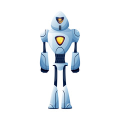 Poster - Sci-fi droid isolated robot cyberpunk with arms and legs. Vector hi tech technologies innovations machine helper, full length. Kids toy, artificial automated android modern technologies character