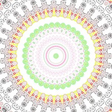Abstract Kaleidoscope Background. Mandala Design In Pink Green Yellow And Grey Color Isolated On Beautiful White Background. Unique Kaleidoscope Design.