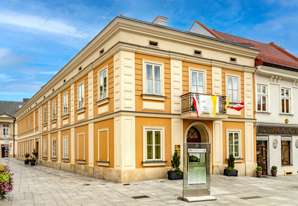 Family house of Karol Wojtyla, later Pope John Paul II, presently Holy Father Family Home Museum at market square in Wadowice in Lesser Poland region - obrazy, fototapety, plakaty 