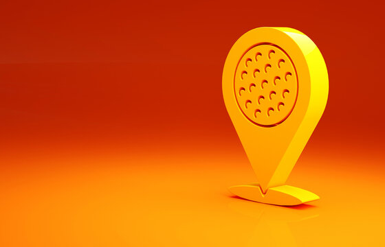 Yellow Map pointer with golf sport club icon isolated on orange background. Minimalism concept. 3d illustration 3D render