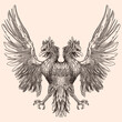Two-headed eagle with outstretched wings. Heraldic sign isolated on beige background.
