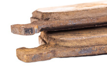 Old Worn Out Brake Pads From A Car On A White Background, Isolate, Close-up. Quality Of Friction Linings, Modern Auto Parts