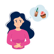 Woman hold her stomach because she feel hungry and craving for sweets. Flat vector cartoon design