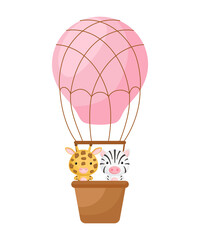 Cute little giraffe, zebra fly on pink hot air balloon. Cartoon character for childrens book, album, baby shower, greeting card, party invitation, house interior. Vector stock illustration.