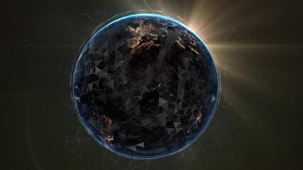 Wall Mural - Digital grid over the surface of the night planet earth. A futuristic, global plexus network that covers the entire planet. Global social network. Business and technology concept.	

