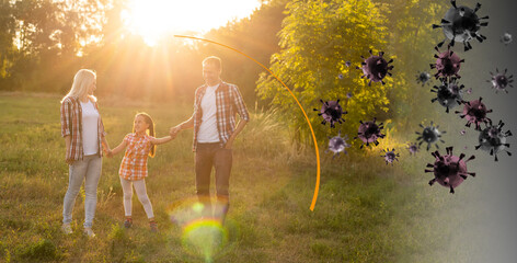 Strong immunity - healthy family. Happy parents with children protected from viruses and bacteria, illustration