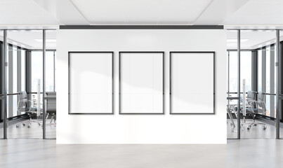 Aufkleber - Three vertical frames Mockup hanging on wall. Mock up of billboards in modern concrete office interior 3D rendering