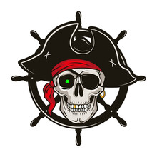 Pirate Emblem With Steering Wheel And Skull In A Hat And Eye Patch. Vector Hand Drawn Cartoon Illustration Isolated On White Background