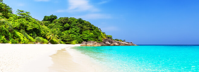  Panorama of beautiful beach and blue sky in Similan islands, Thailand.