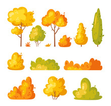 Garden Yellow Bush. Vector Set Of Vegetation Bushes, Grass And Trees. Cartoon Icon For Decorate Landscape Park, Backyard, Forest. Summer Or Autumn Plant, Trees, Hedges, Shrub With Branches And Leaves