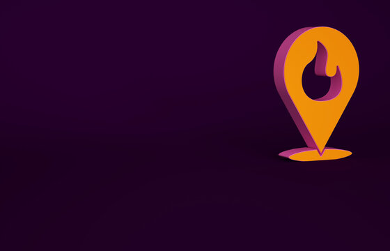 Orange Map pointer with fire flame icon isolated on purple background. Fire nearby. Minimalism concept. 3d illustration 3D render