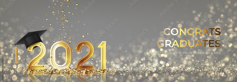 Banner for design of graduation 2021. Golden numbers with graduation cap and confetti on background with effect bokeh. Congratulations graduates 2021. Vector illustration for degree ceremony design. - obrazy, fototapety, plakaty 