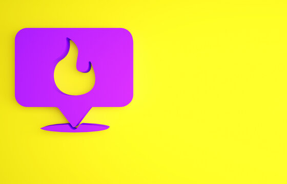 Purple Map pointer with fire flame icon isolated on yellow background. Fire nearby. Minimalism concept. 3d illustration 3D render