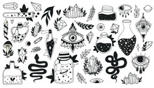 Witchcraft Set. Magic Esoteric Symbols Collection. Black Isolated Icons On White Background. Evil Eye, Crystal, Snake, Bottles With Potion. Halloween Concept. Vector Illustration. 