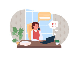 Poster - Work phone call 2D vector web banner, poster. Project on deadline. Corporate communication. Office manager flat character on cartoon background. Businesswoman printable patch, colorful web element