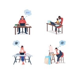 Poster - Tired freelancers flat color vector faceless and detailed characters set. Stress and burnout from work isolated cartoon illustration for web graphic design and animation collection