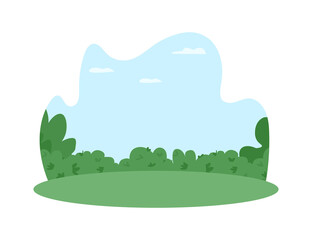 Poster - public park 2d vector web banner, poster. skyline over meadow with shrubs. garden nature flat scener