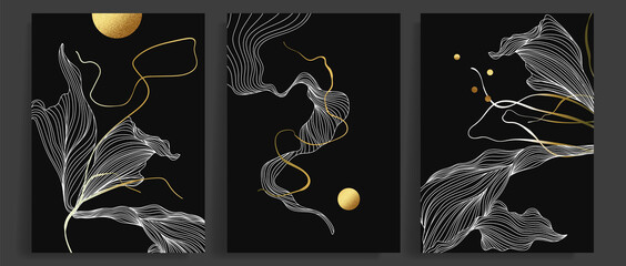 Luxury dark gold abstract art background vector. Line art design with golden hand drawn texture. Design for wall art,cover, home decor, prins and wallpaper 