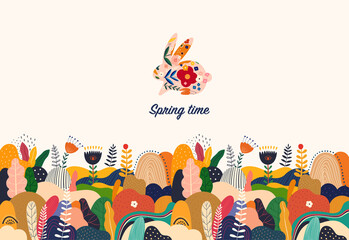 Wall Mural - Beautiful spring illustration with bunny, flowers, floral bouquets, flower compositions.	